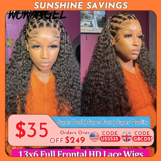 Wow Angel 36inch Water Wave 13x6 Full Frontal HD Lace Wigs 250% Curly Wigs HD Lace Front Human Hair Wigs Melt Skins For Woman
