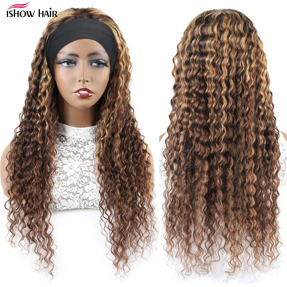 Headband Wig P4/27 Highlight Human Hair 250 Density Deep Wave Curly Human Hair Wigs Honey Blonde Colored Full Machine Made Wig