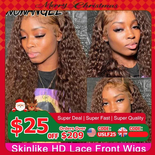 250% Chocolate Brown 13x6 HD Lace Front Human Hair Wigs 13x4 Full Frontal Water Wave Wig PrePlucked Undetectable Lace Curly Hair